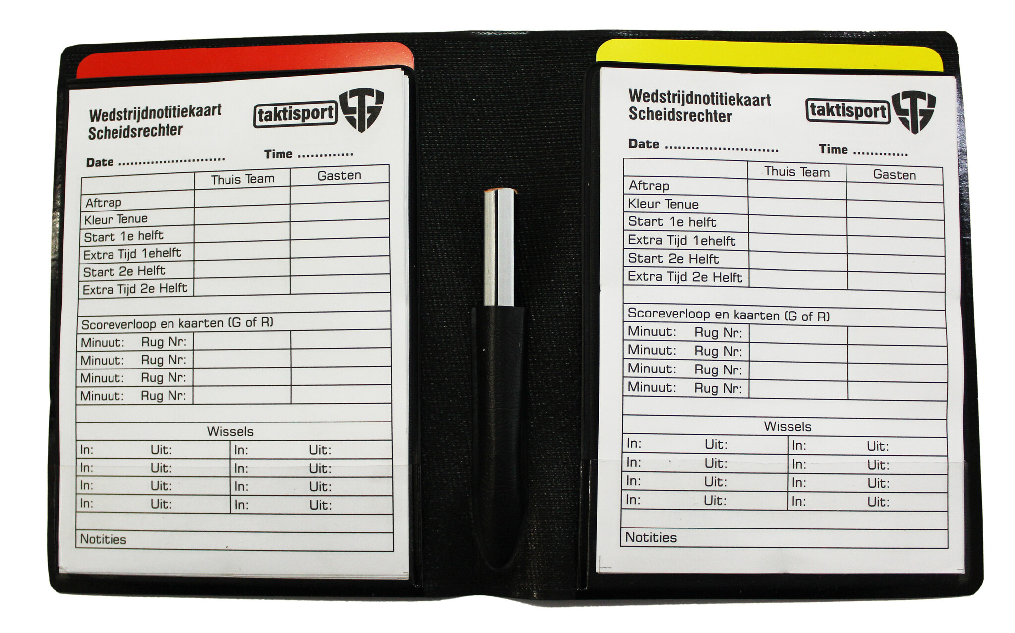 Ensemble de cartes : carte rouge, carte jaune, bloc-notes et crayon