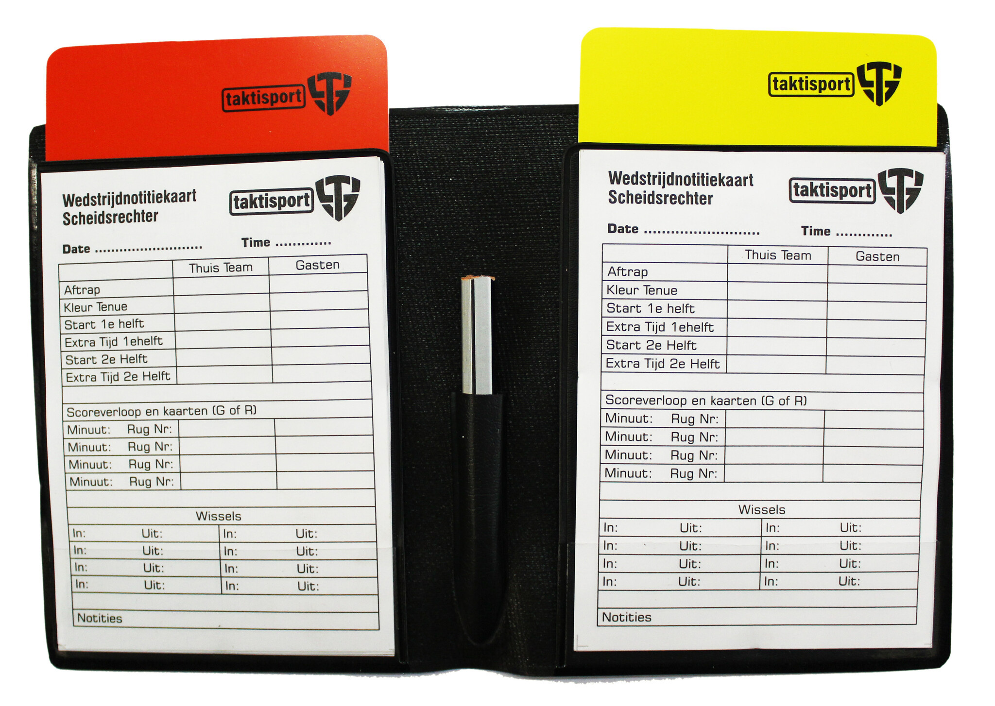 Ensemble de cartes : carte rouge, carte jaune, bloc-notes et crayon