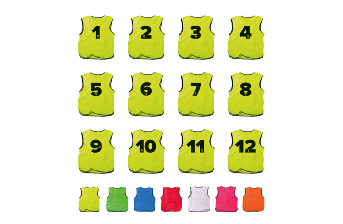 Gilets d'entraînement lot de 12 pièces, numérotés en 7 couleurs et 3 tailles