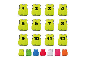 Trainingshesjes set van 12 stuks genummerd in 7 kleuren en 3 maten