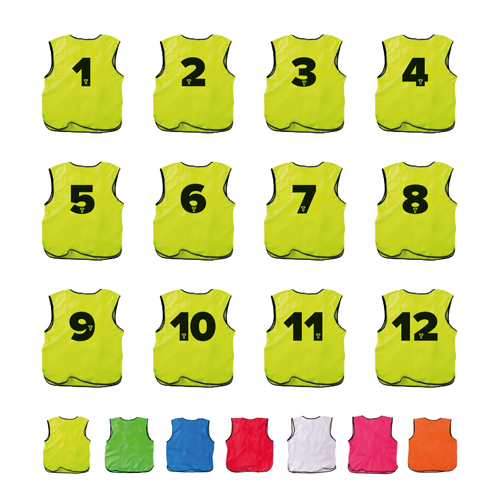Gilets d'entraînement lot de 12 pièces, numérotés en 7 couleurs et 3 tailles