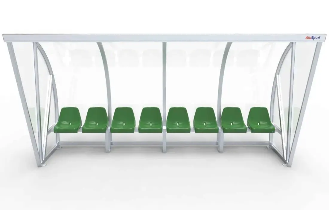 Dugout Boog Volledig gelast - PC 3mm UV en slagvast - 4 x 2 x 1 - Rugsteun - B Kuipstoeltjes - 6/8 personen