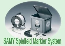 Flexibele Speelveldmarkering 150 meter: elastische speelveldmarekering op haspel, 150 meter inclusief haringen