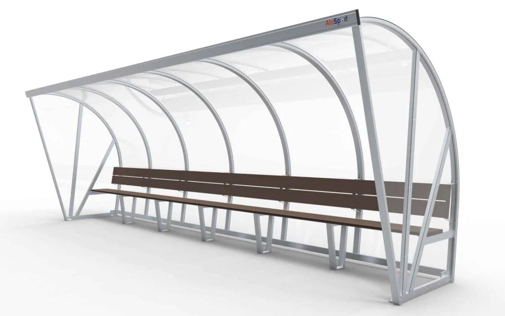 DO601 Dugout Boog Volledig gelast - PC 3mm UV en slagvast - 6 x 2 x 1 - Rugsteun - A bank - 10/12 personen