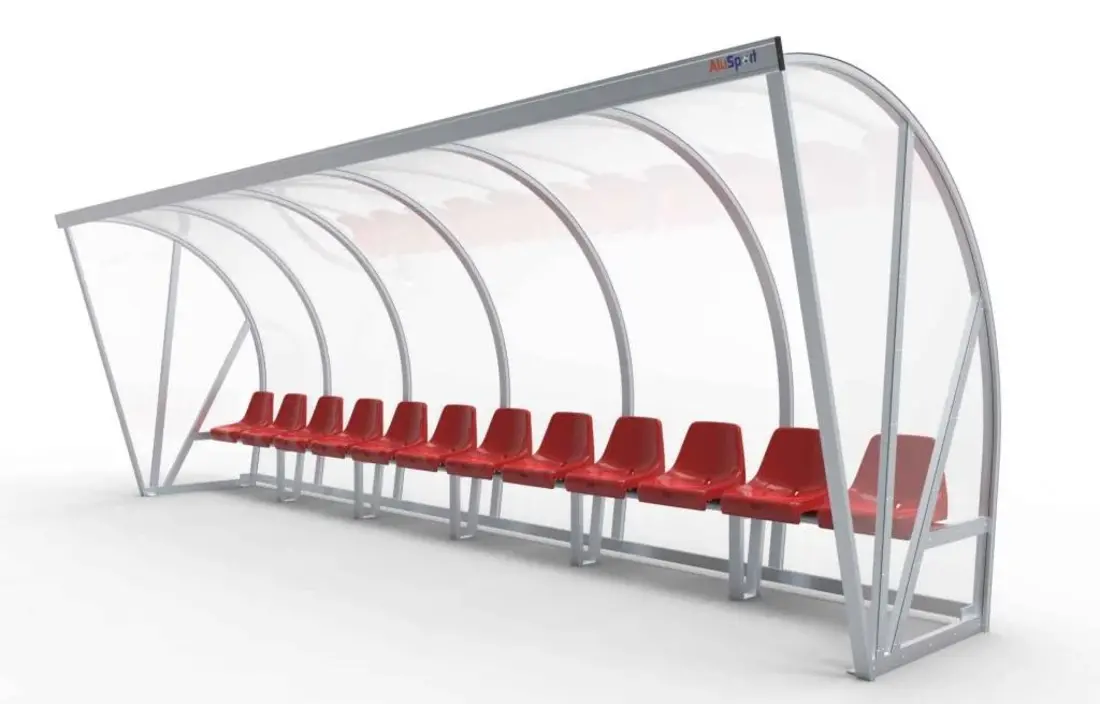 Dugout Boog Volledig gelast - PC 3mm UV en slagvast - 6 x 2 x 1 - Rugsteun - B Kuipstoelen - 10/12 personen