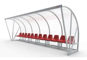 DO601Z Dugout Boog Volledig gelast - PC 3mm UV en slagvast - 6 x 2 x 1 - Rugsteun - B Kuipstoelen - 10/12 personen