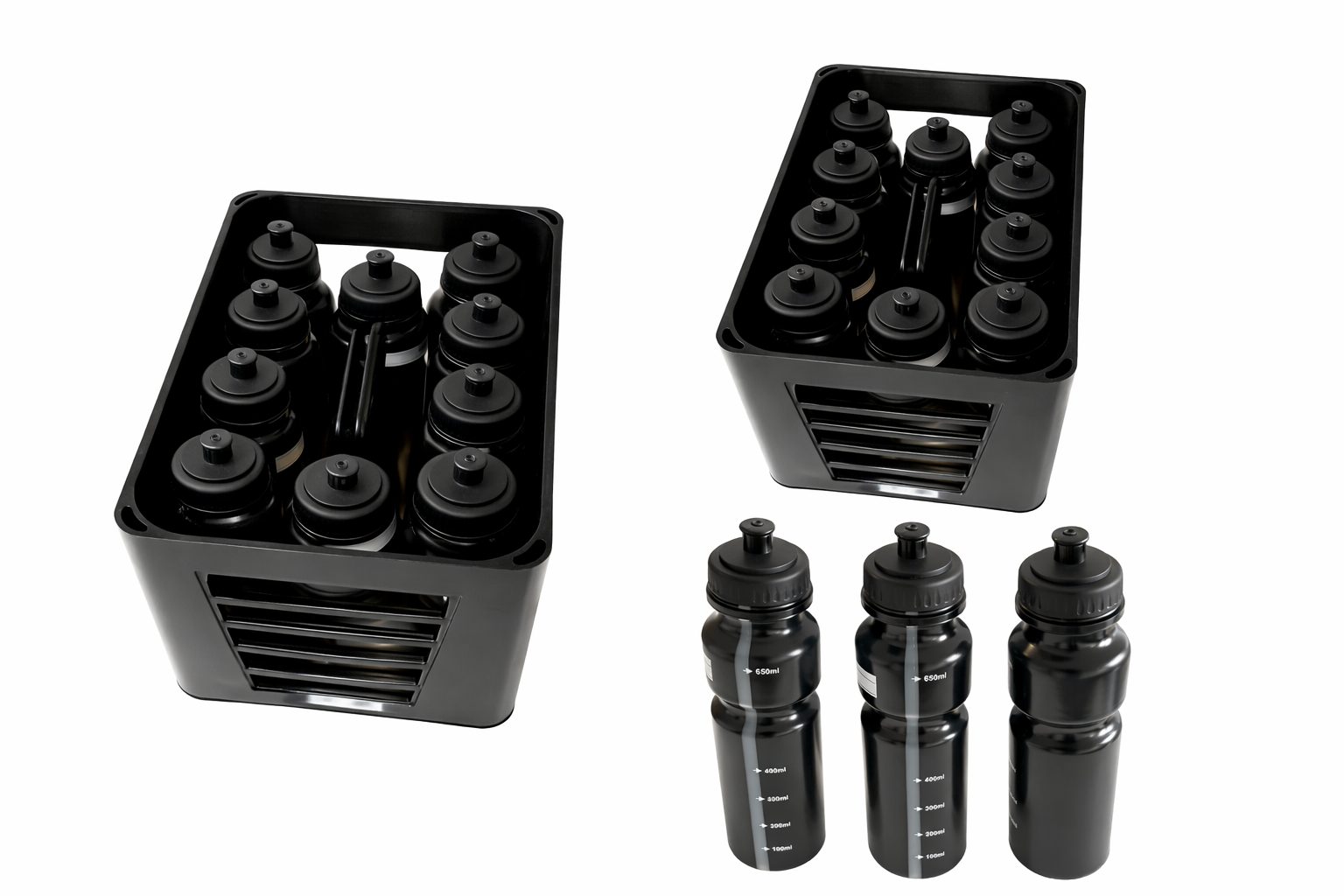 Caisse noire contenant 12 bouteilles d'eau noires