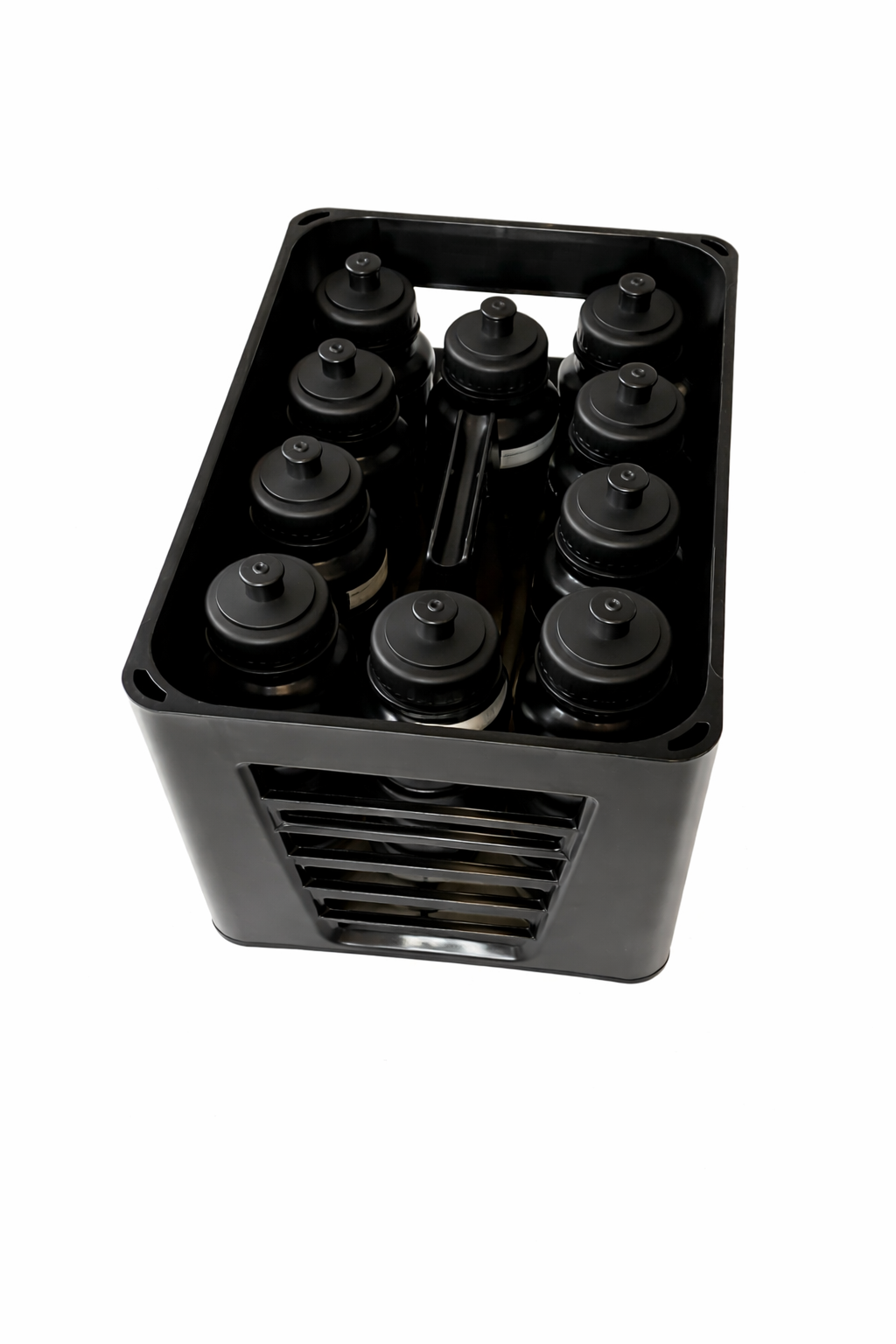Caisse noire contenant 12 bouteilles d'eau noires
