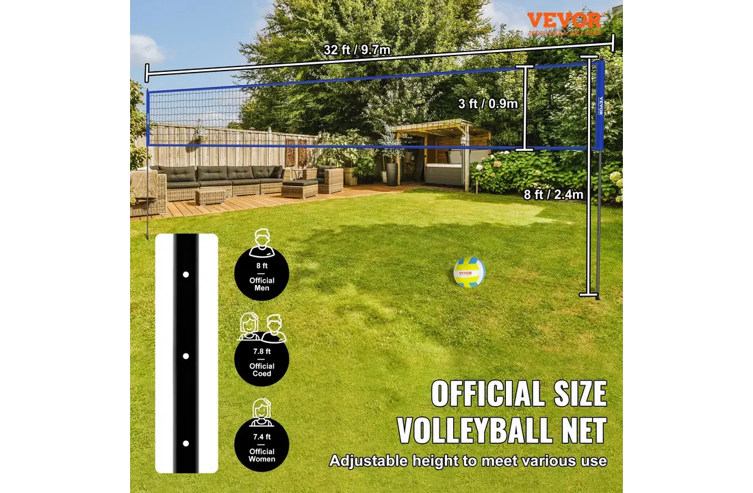 Filet de volley-ball réglable en hauteur sur 3 niveaux, idéal pour le jardin et la plage.