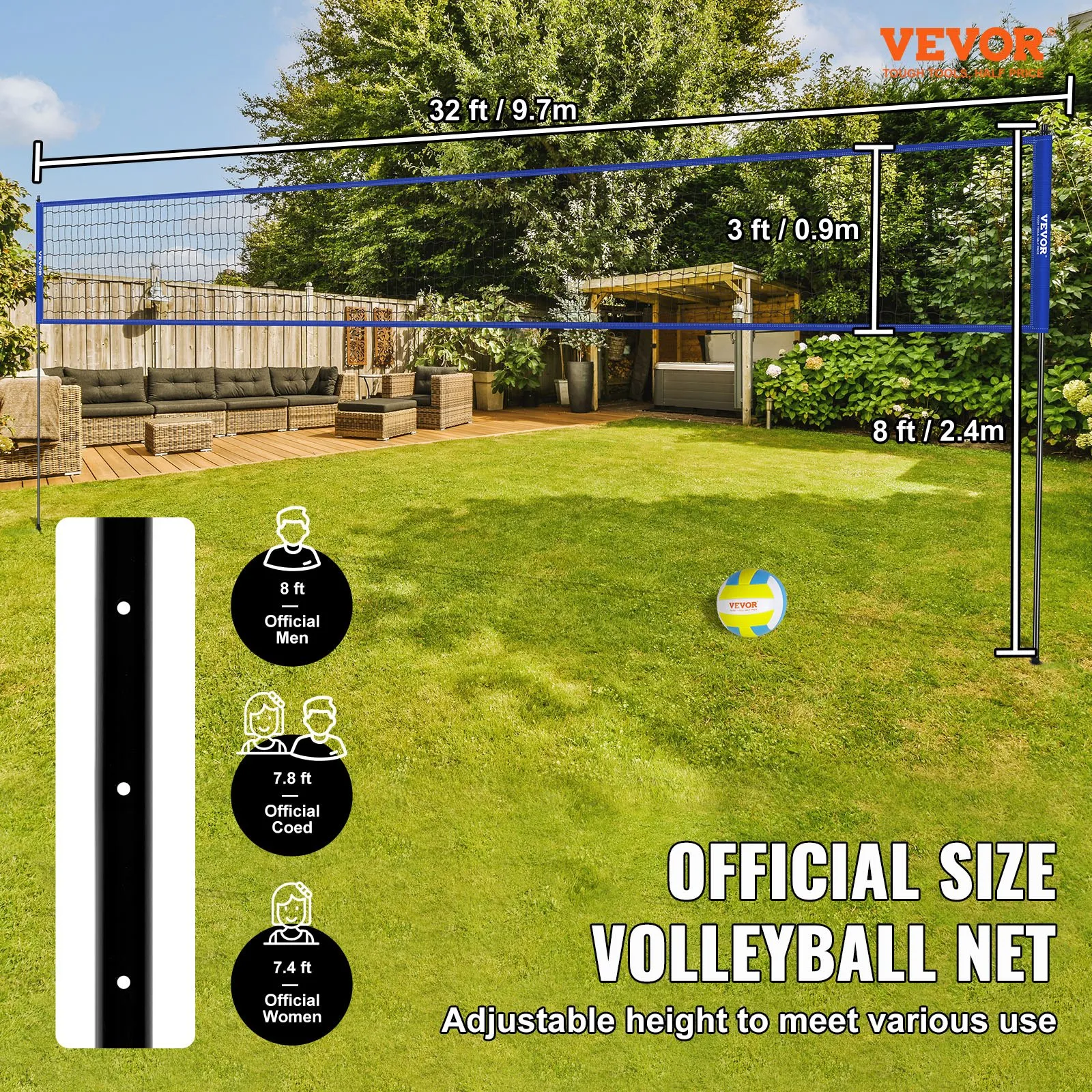 Volleybalnet in  3 Hoogtes verstelbaar voor tuin en strand