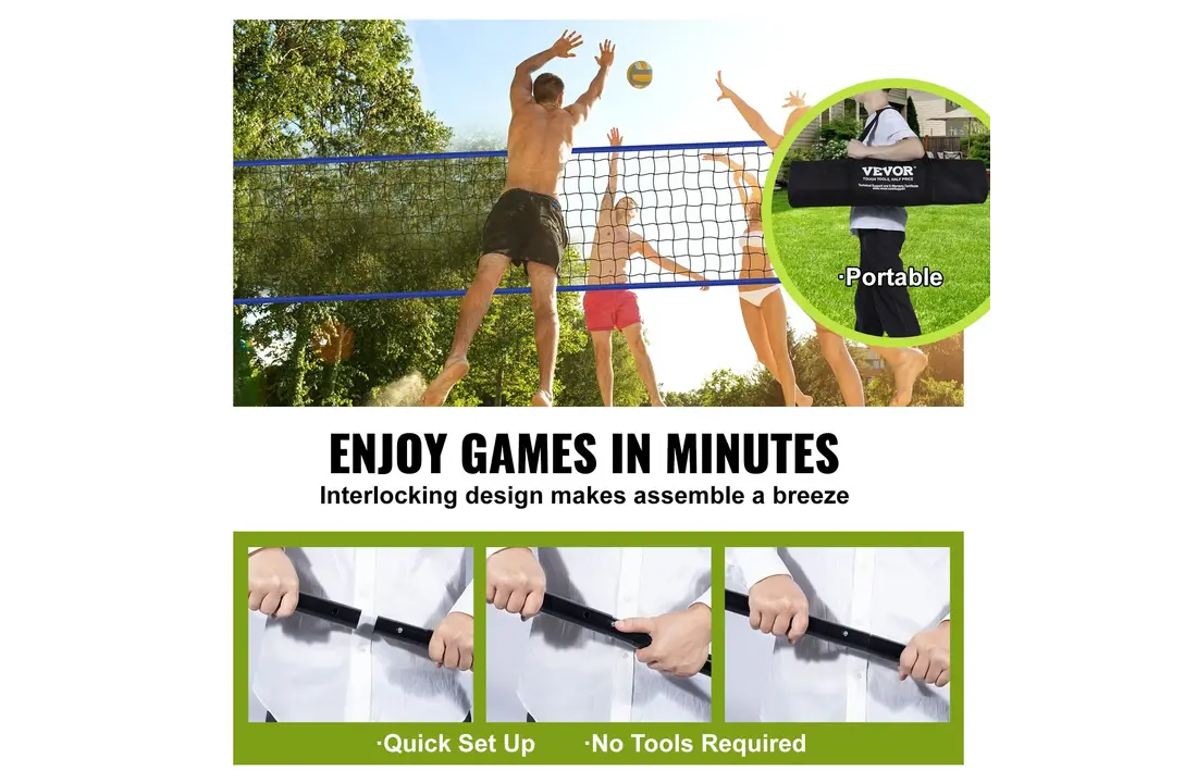 Filet de volley-ball réglable en hauteur sur 3 niveaux, idéal pour le jardin et la plage.