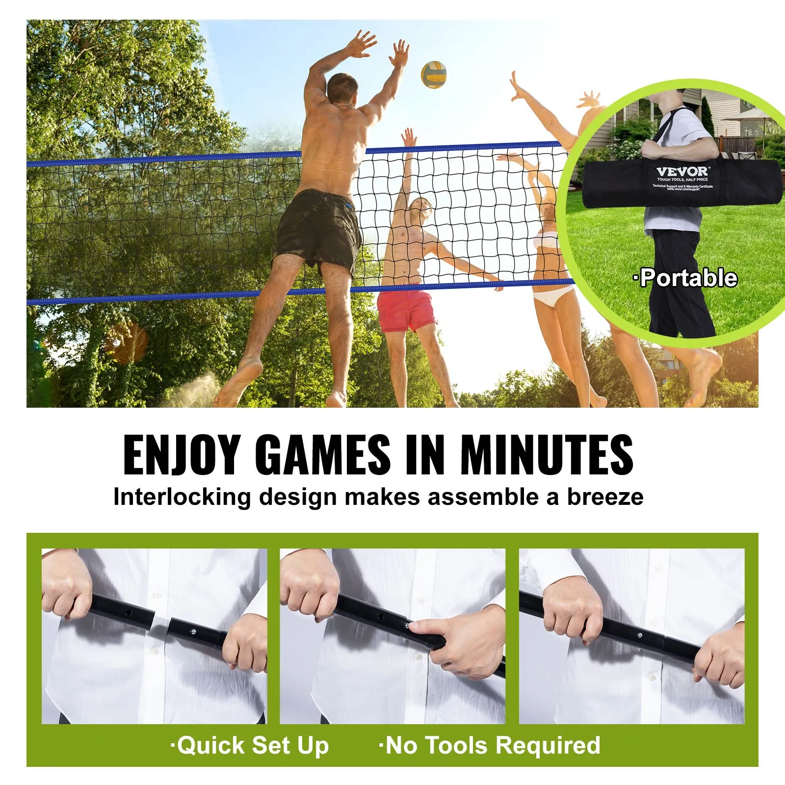 Filet de volley-ball réglable en hauteur sur 3 niveaux, idéal pour le jardin et la plage.