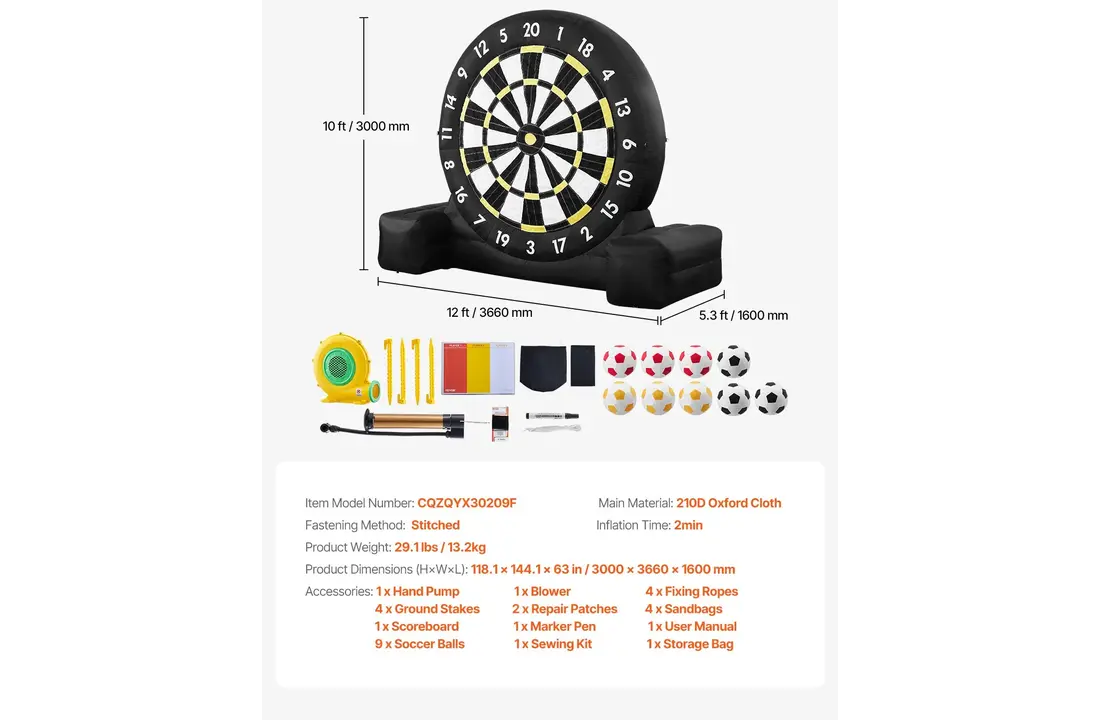Opblaasbaar Voetbal dartbord 3m x 3,6m