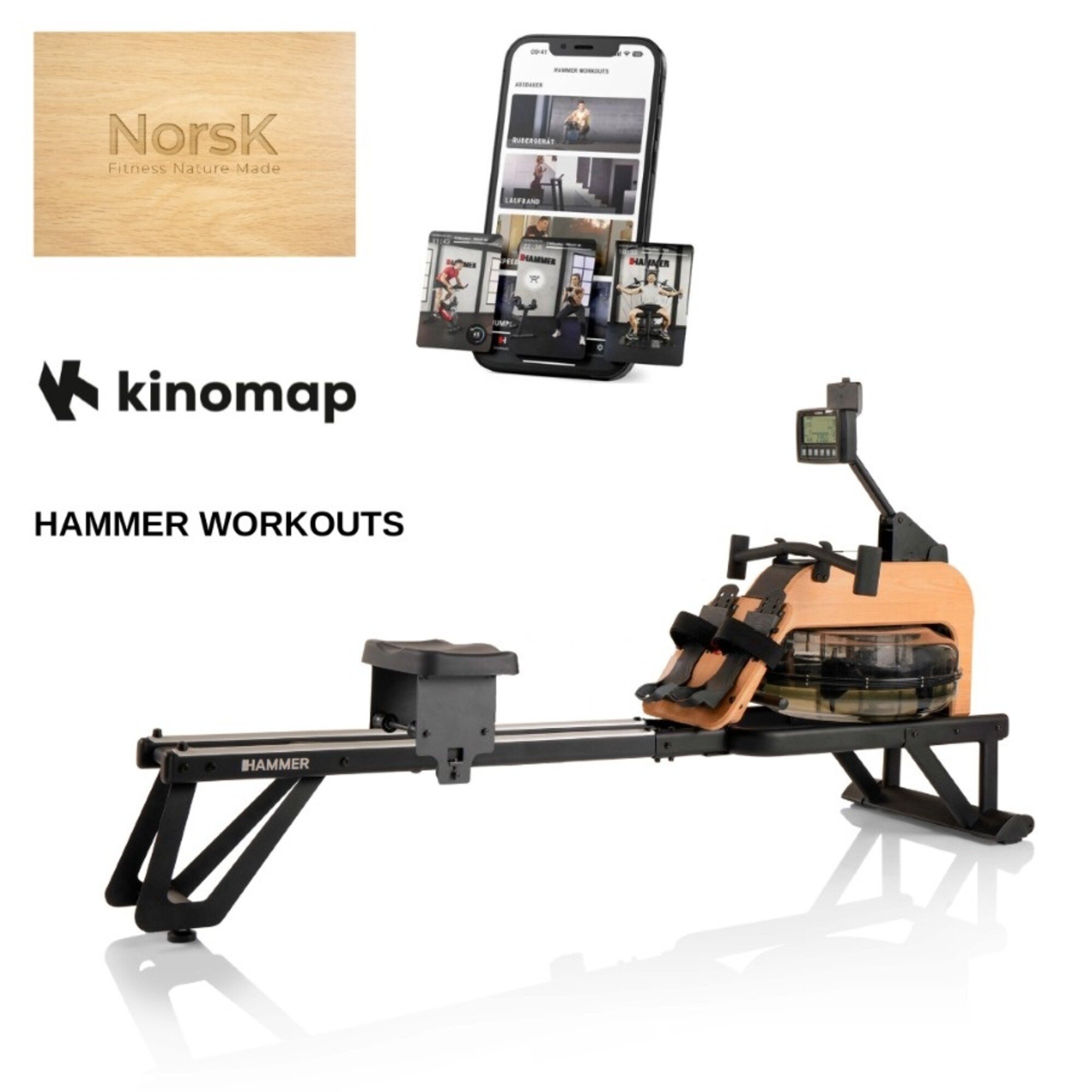 Hammer Fitness RowFlow 5.0 NorsK - Roeitrainer - Waterweerstand - met Hammer Workouts en Kinomap - Hardhout