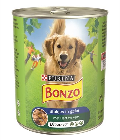 Afbeelding 800 gr Bonzo blik stukjes in gelei hart / pens hondenvoer door Online-dierenwinkel.eu