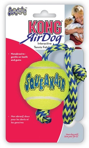 Afbeelding Kong air squeaker ball met touw geel/blauw Medium door Online-dierenwinkel.eu