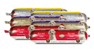 Afbeelding 6x400gr Rodi worst 6-pack kip/rund lam/rijst kip/kaas door Online-dierenwinkel.eu