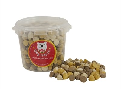 Afbeelding 1 ltr 500 gr Dog treatz jack jacker rollies door Online-dierenwinkel.eu