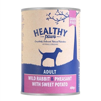 Afbeelding 400 gr Healthy paws blik wild konijn / fazant / zoete aardappel hondenvoer door Online-dierenwinkel.eu