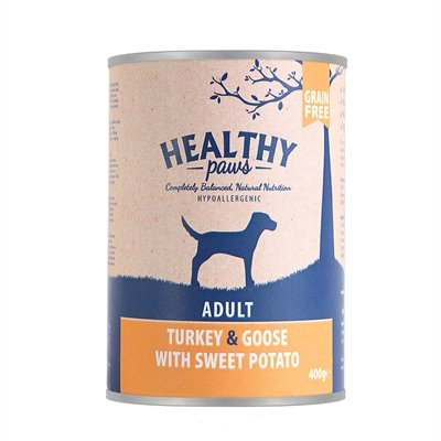 Afbeelding 400 gr Healthy paws blik britse kalkoen / gans / zoete aardappel hondenvoer door Online-dierenwinkel.eu