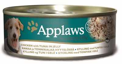 Afbeelding 156 gr Applaws dog blik jelly chicken / tuna hondenvoer door Online-dierenwinkel.eu