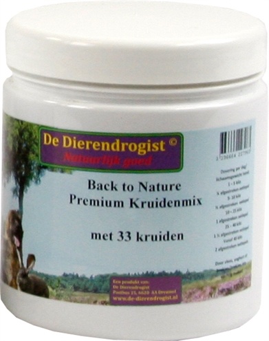 Afbeelding 450 gr Dierendrogist back to nature premium kruidenmix met 33 kruiden door Online-dierenwinkel.eu