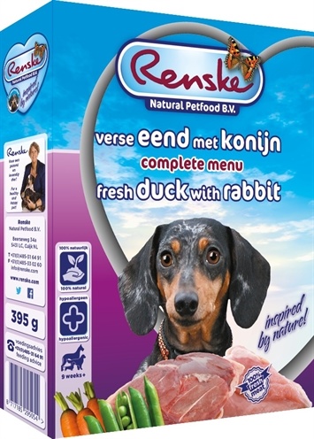 Afbeelding 395 gr Renske vers vlees eend/konijn hondenvoer door Online-dierenwinkel.eu