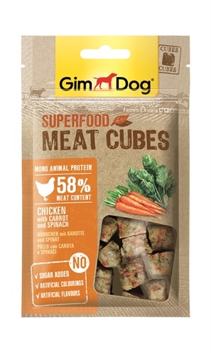Afbeelding GimDog Superfood Meat Cubes - Kip, Wortel & Spinazie - 40 g door Online-dierenwinkel.eu