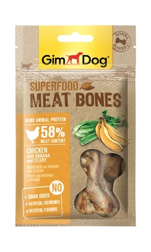 Afbeelding GimDog Superfood Meat Bones - Kip, Banaan & Selderij - 70 g door Online-dierenwinkel.eu