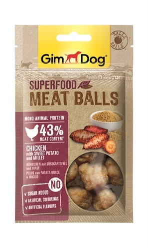 Afbeelding GimDog Superfood Meat Balls - Kip, Zoete Aardappel & Gierst - 70 g door Online-dierenwinkel.eu