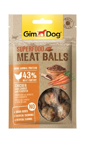 Afbeelding GimDog Superfood Meat Balls - Kip, Wortel & Lijnzaad - 70 g door Online-dierenwinkel.eu
