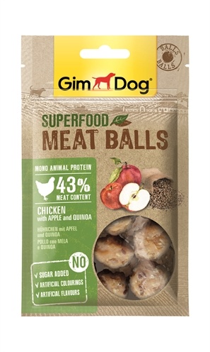Afbeelding GimDog Superfood Meat Balls - Kip, Appel & Quinoa - 70 g door Online-dierenwinkel.eu