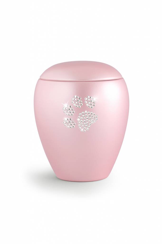  Dierenurn roze paarlemoer met swarovski pootafdruk middel - keramiek