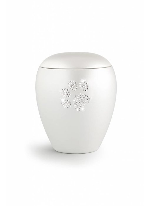 Dierenurn wit paarlemoer met swarovski pootafdruk middel - keramiek