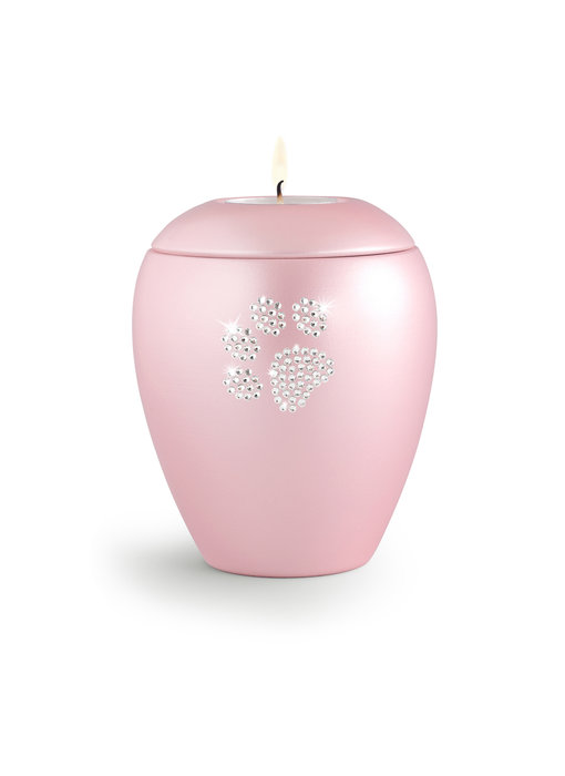 Dierenurn roze paarlemoer met swarovski pootafdruk middel met licht - keramiek