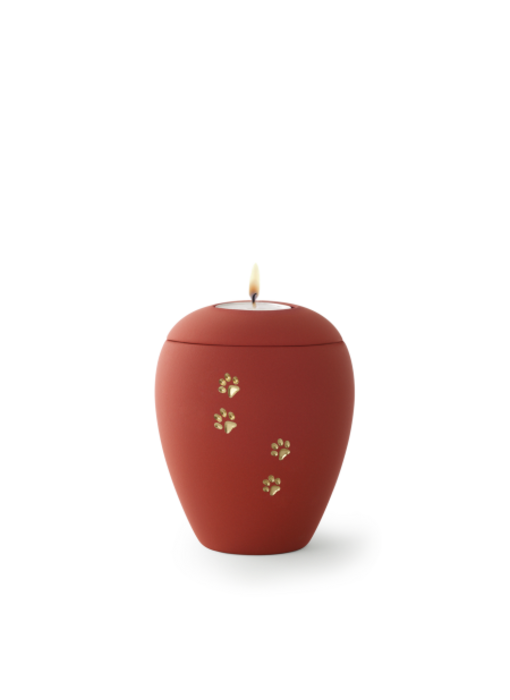 Dieren urn rood met lichtje en gouden pootafdrukken klein - keramiek