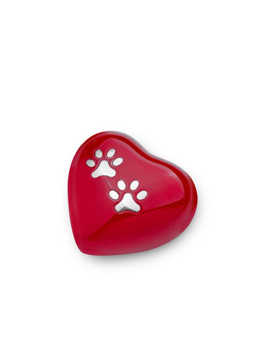 Dierenurn hart mini rood met pootafdrukken - messing