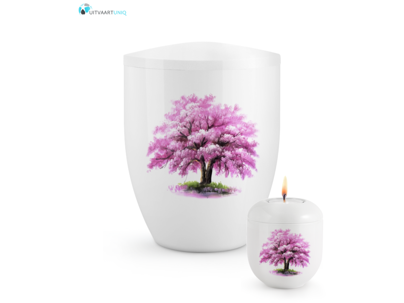 Mini urn Hoogglans wit magnoliaboom – met lichtje