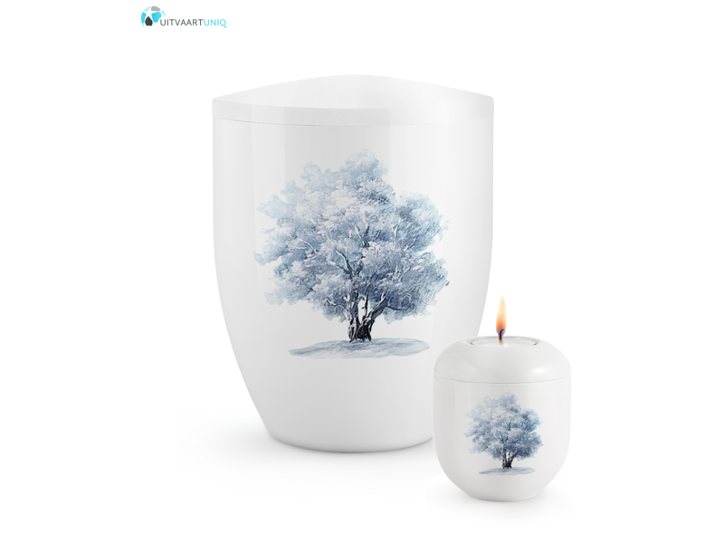 Mini urn Hoogglans wit winterboom  – met lichtje