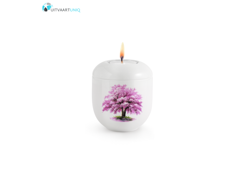 Mini urn Hoogglans wit magnoliaboom – met lichtje