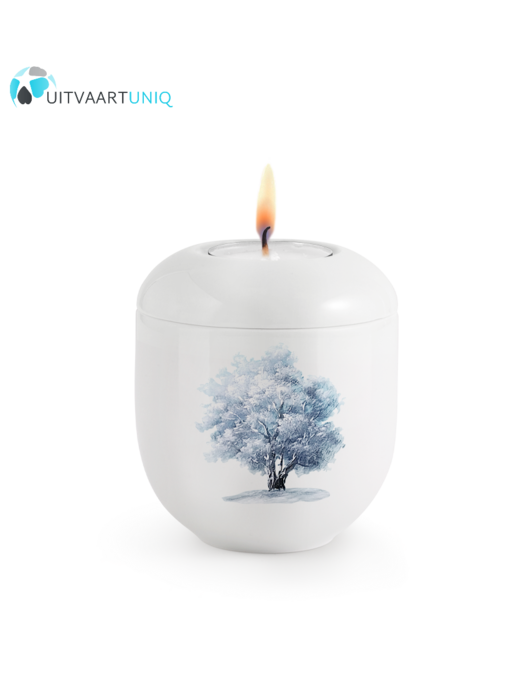 Mini urn Hoogglans wit winterboom  – met lichtje
