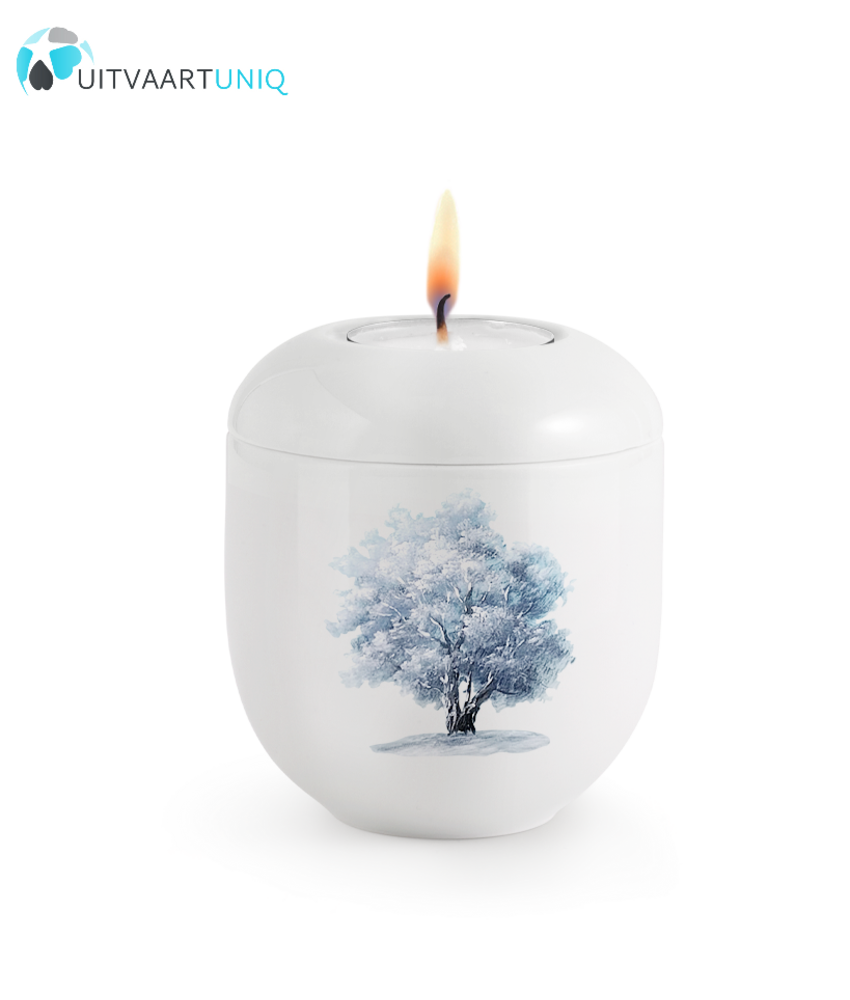Mini urn Hoogglans wit winterboom  – met lichtje