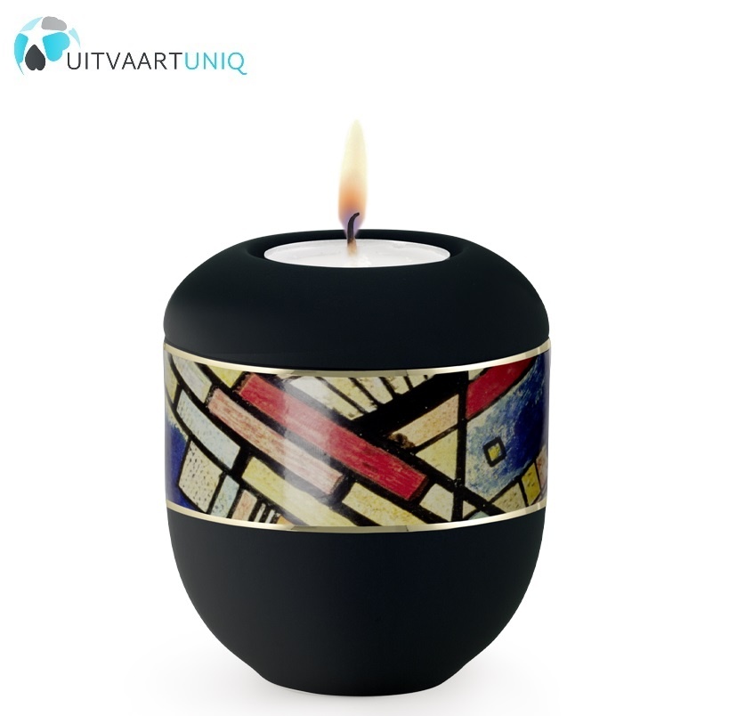  Mini urn modern met lijn motief zwart - met lichtje