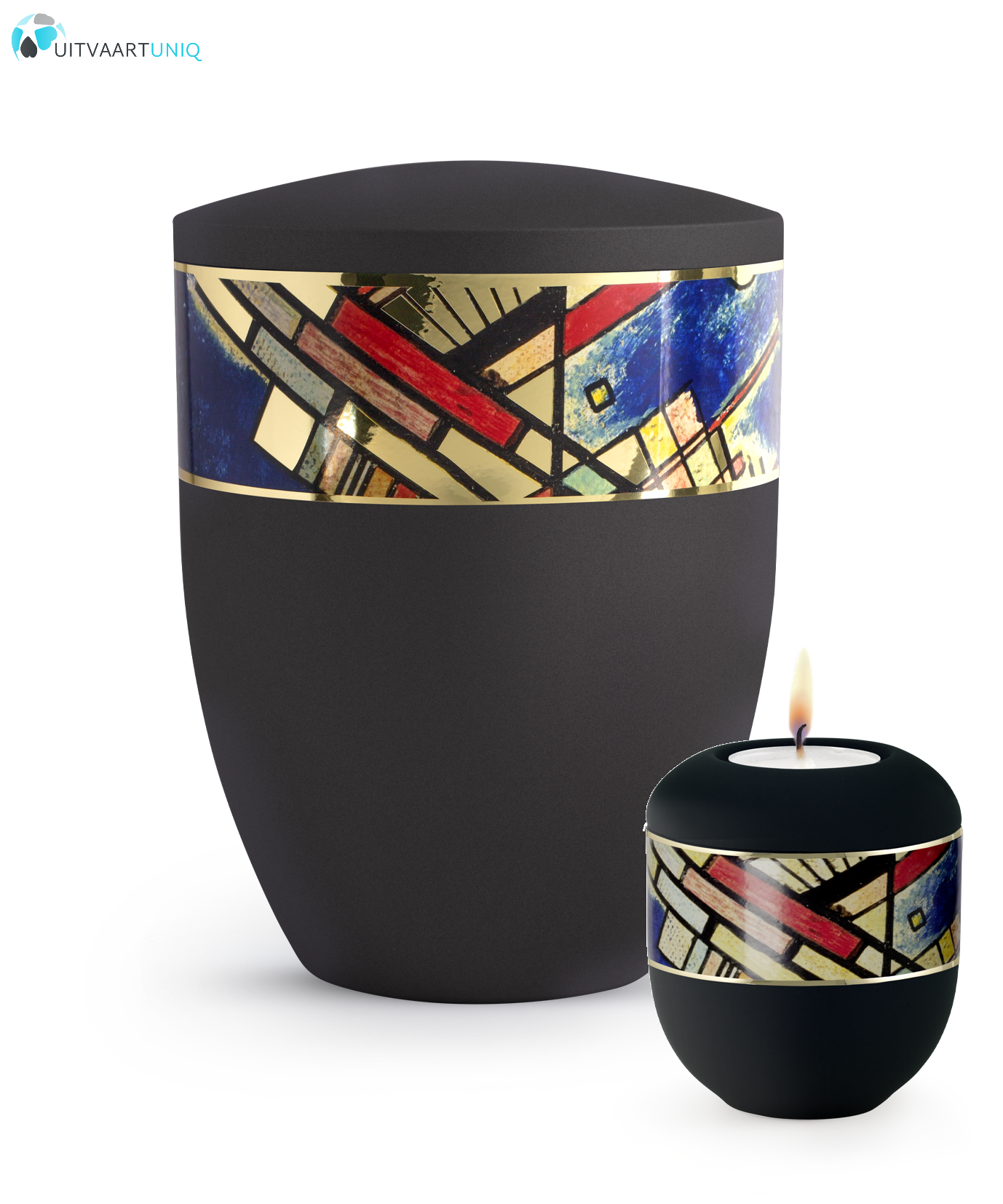  Mini urn modern met lijn motief zwart - met lichtje