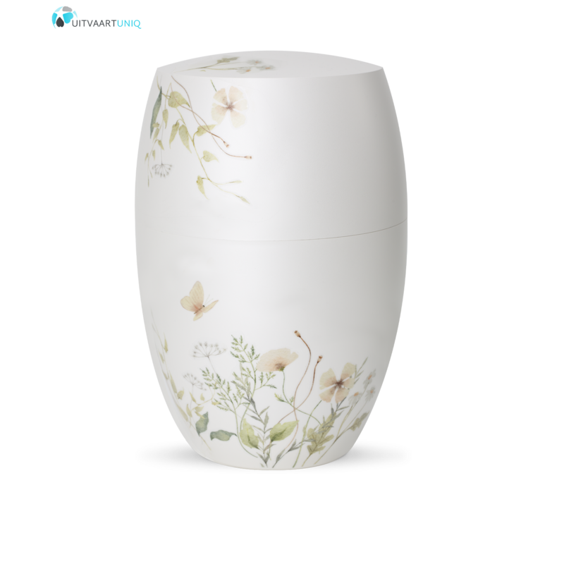 Urn glanzend wit  bloemenweide oranje - bio