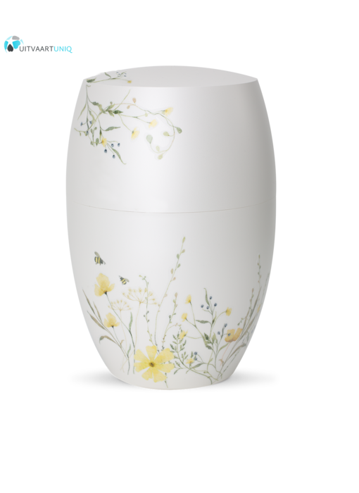 Urn glanzend wit  bloemenweide geel - bio