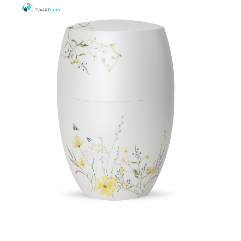 Urn glanzend wit  bloemenweide geel - bio