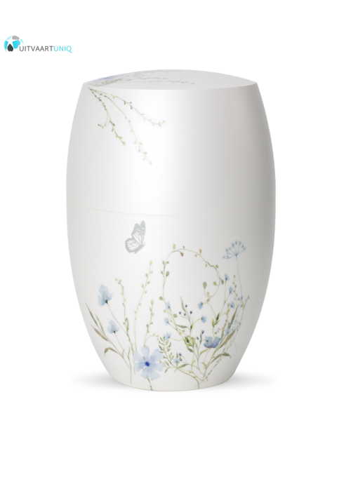 Urn glanzend wit  bloemenweide blauw - bio