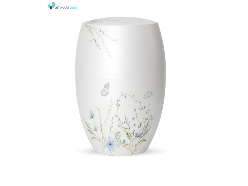 Urn glanzend wit  bloemenweide blauw - bio