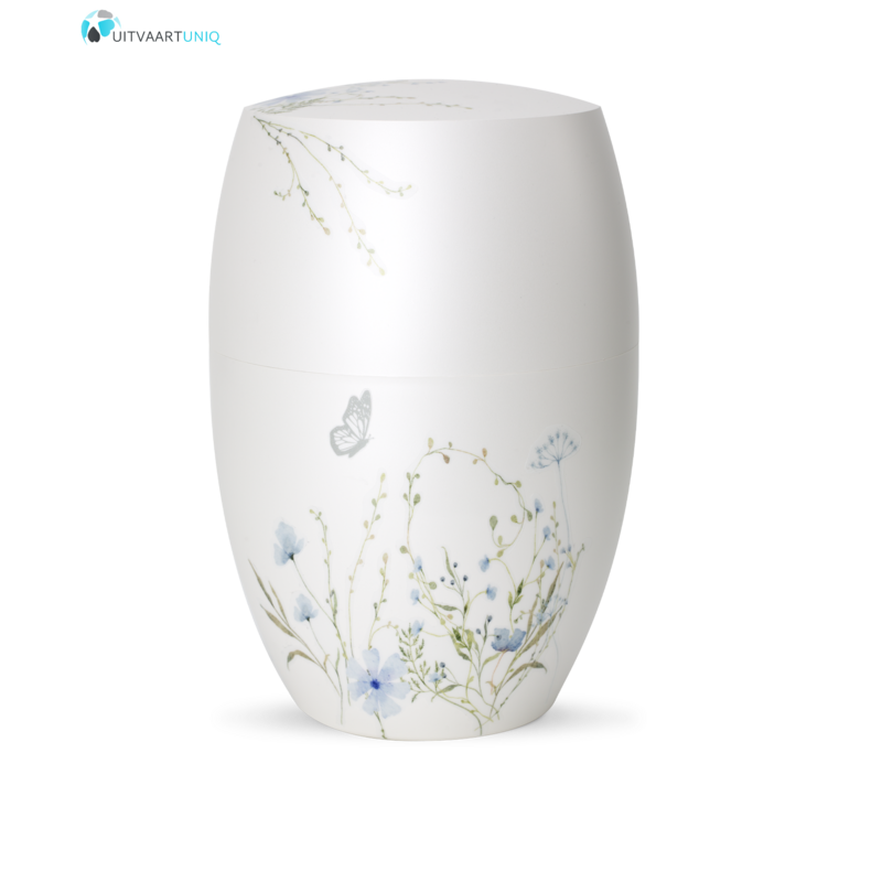 Urn glanzend wit  bloemenweide blauw - bio